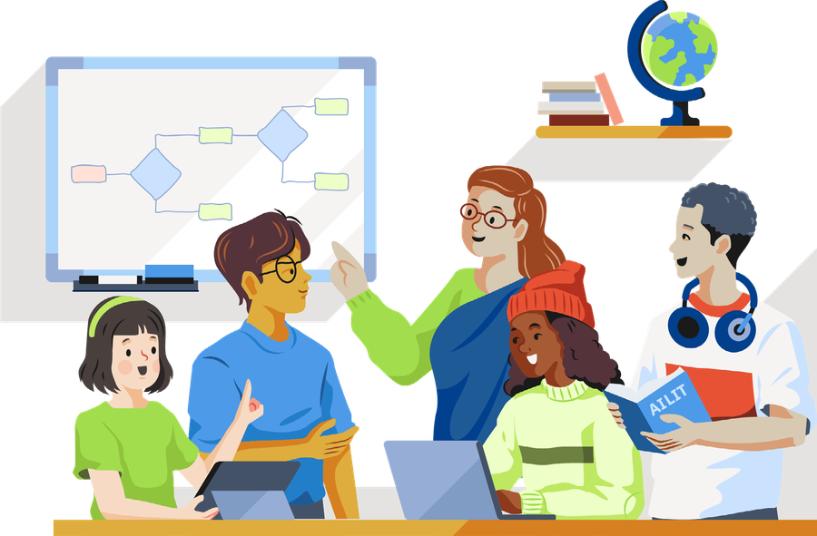 Illustrazione: una classe che lavora con docente, lavagna e computer
